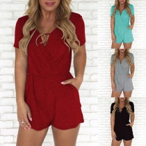 Fashion Solid Color Short Sleeve Crossover V-neck Romper 