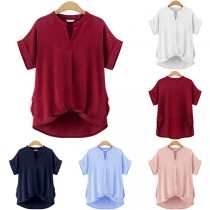 Fashion Solid Color Short Sleeve Irregular Hemline Loose Shirt