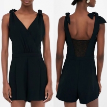 Sexy Deep V-neck Solid Color Embroidered Lace Spliced Slim Fit Jumpsuit