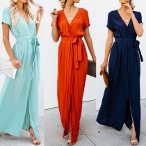 Sexy V-neck Solid Color Short Sleeve with Waistband Long Slit Dress