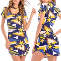 Fashion Short Sleeve Hollow Out V-neck Slim Fit Printed Dress