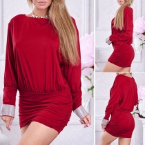 Fashion Sequin Spliced Long Sleeve Round Neck Slim Fit Dress