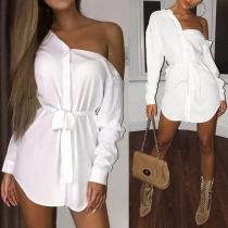 Fashion Solid Color Long Sleeve Single-breasted Shirt Dress
