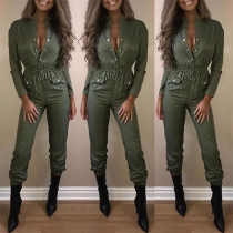 Fashion Solid Color Long Sleeve High Waist Slim Fit Jumpsuit
