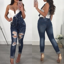 Fashion High Waist Beaded Ripped Denim Overalls 