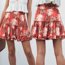 Sweet Style High Waist Ruffle Hem Printed Skirt 