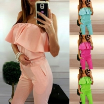 Sexy Ruffle Strapless High Waist Solid Color Slim Fit Jumpsuit