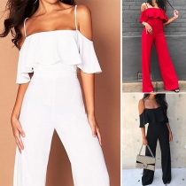 Sexy Off-shoulder Ruffle High Waist Solid Color Sling Jumpsuit