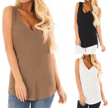 Fashion Solid Color SleevelessV-neck Top 