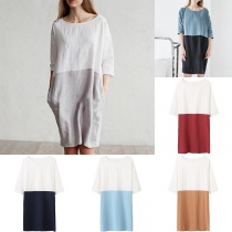 Fashion Round Neck 3/4 Sleeve Contrast Color Loose T-shirt Dress