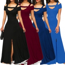 Sexy V-neck Solid Color Short Sleeve Hollow Out Long Slit Ruffle Hemline Dress   