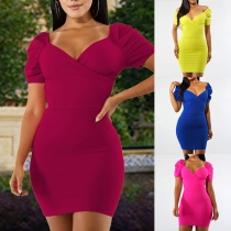 Sexy Deep V-neck Solid Color Short Sleeve Slim Fit Over-hip Dress