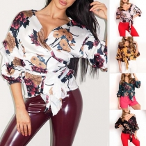 Sexy Deep V-neck Contrast Color Short Sleeve Bandaged Printed Pattern Shirt