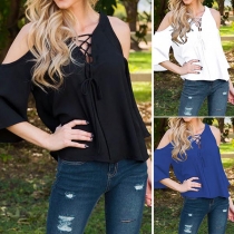 Sexy Solid Color Off-shoulder Bandaged Irregular Chiffon Shirt