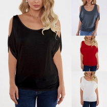 Fashion Round-neck Off-shoulder Solid Color Slim Fit Shirt