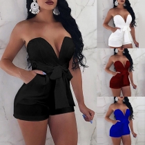 Sexy Strapless Deep V-neck High Waist Solid Color Romper 