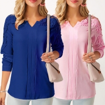 Fashion Lace Spliced Long Sleeve V-neck Solid Color Blouse 