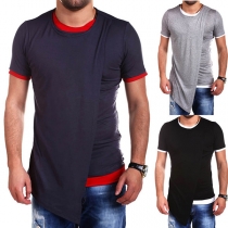 Fashion Contrast Color Short Sleeve Round Neck Irregular Hem Men's T-shirt 