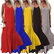 Fashion Solid Color Sleeveless Round Neck Ruffle Hem Maxi Dress