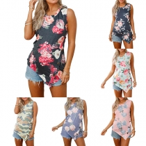 Fashion Sleeveless Round Neck Irregular Hem Printed T-shirt