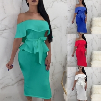 Sexy Solid Color Ruffle Boat Neck Top + High Waist Skirt Two-piece Set