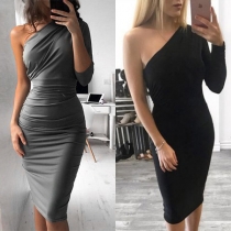 Sexy One-shoulder 3/4 Sleeve Solid Color Slim Fit Dress