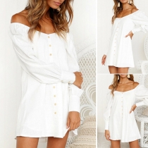 Sexy Off-shoulder Long Sleeve Single-breasted Solid Color Dress