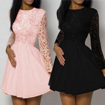 Elegant Solid Color Long Sleeve Round Neck Lace Spliced Dress