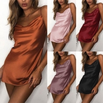 Sexy Backless Cowl Neck Solid Color Sling Dress