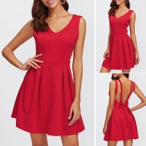 Sexy Deep V-neck Sleeveless Solid Color Backless Ruffle Hemline Dress