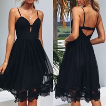 Sexy Deep V-neck Solid Color Backless Sleeveless Hollow Out Embroidered Dress