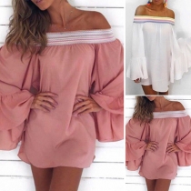 Sexy Off-shoulder Boat Neck Trumpet Sleeve Loose Dress