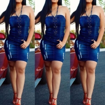 Sexy Bandaged Boat-neck Solid Color Slim Fit Over-hip Dress