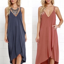 Sexy Backless V-neck Irregular Hem Solid Color Sling Dress