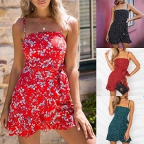 Sexy Backless Irregular Ruffle Hem Printed Sling Dress