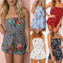 Sexy Boat-neck Sleeveless Printed Pattern Slim Fit Jumpsuit