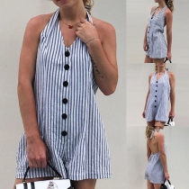 Sexy Halter Deep V-neck Sigle-breasted Sleeveless Striped Jumpsuit