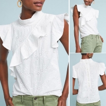 Fashion Solid Color Sleeveless Stand Collar Ruffle Top 