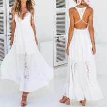 Sexy Backless Deep V-neck Slit Hem Lace Sppliced Sling Dress