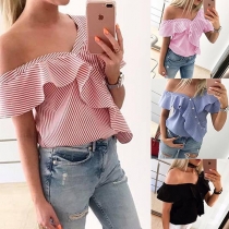 Sexy Off-shoulder Short Sleeve Ruffle Striped Blouse 