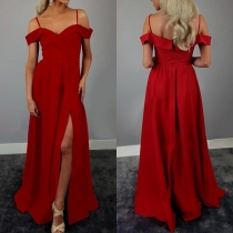 Sexy Off-shoulder Slit Hem High Waist Solid Color Sling Dress