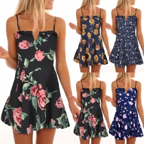 Sexy Backless V-neck Sling Printed Dress