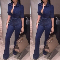 Sexy Lapel Short Sleeve Front Pockets with Waistband Slim Fit Jumpsuit