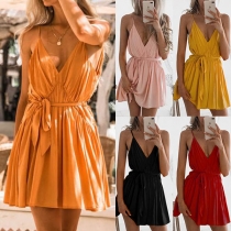 Sexy Backless Deep V-neck Solid Color Sling Dress