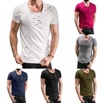 Fashion Solid Color Short Sleeve Round Neck Ripped Men's T-shirt
