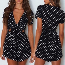 Sexy Deep V-neck Hollow Out Short Sleeve Wave Points Slim Fit Jumpsuit