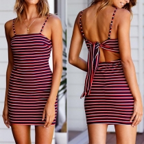 Sexy Boat-neck Striped Lace-up Backless Over-hip Dress