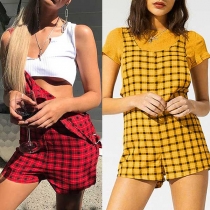 Fashion Contrast Color Gallus Plaid Loose Jumpsuit 