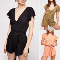 Sexy Deep V-neck Solid Color with Waistband Short Sleeve Slim Fit Shorts