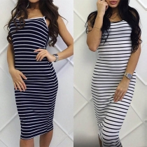 Sexy Sling Sleeveless Striped Slim Fit Over-hip Long Dress